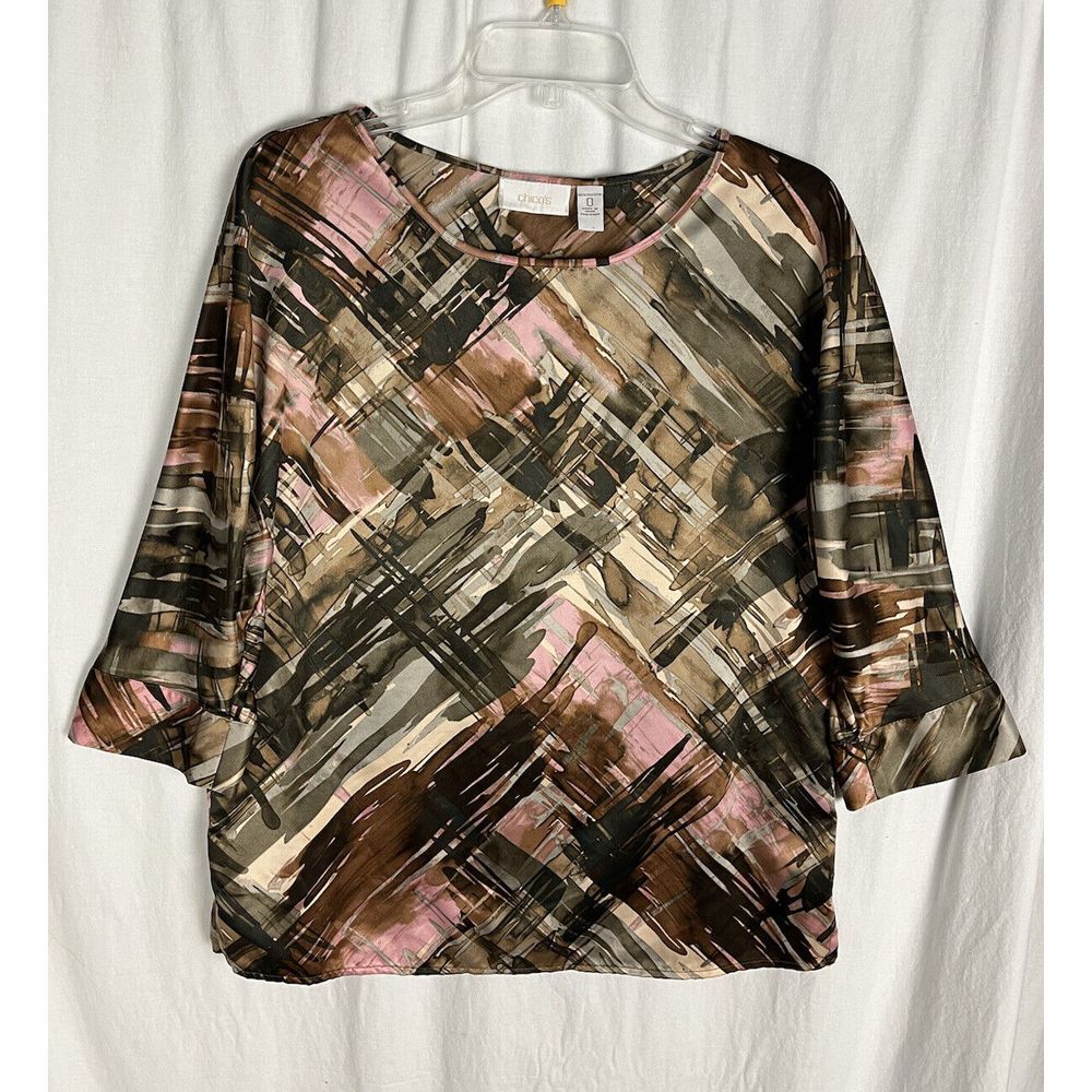 Chicos Size 0 Satin Blouse Dolman 3/4 Sleeves Boatneck Top - Picture 4 of 6